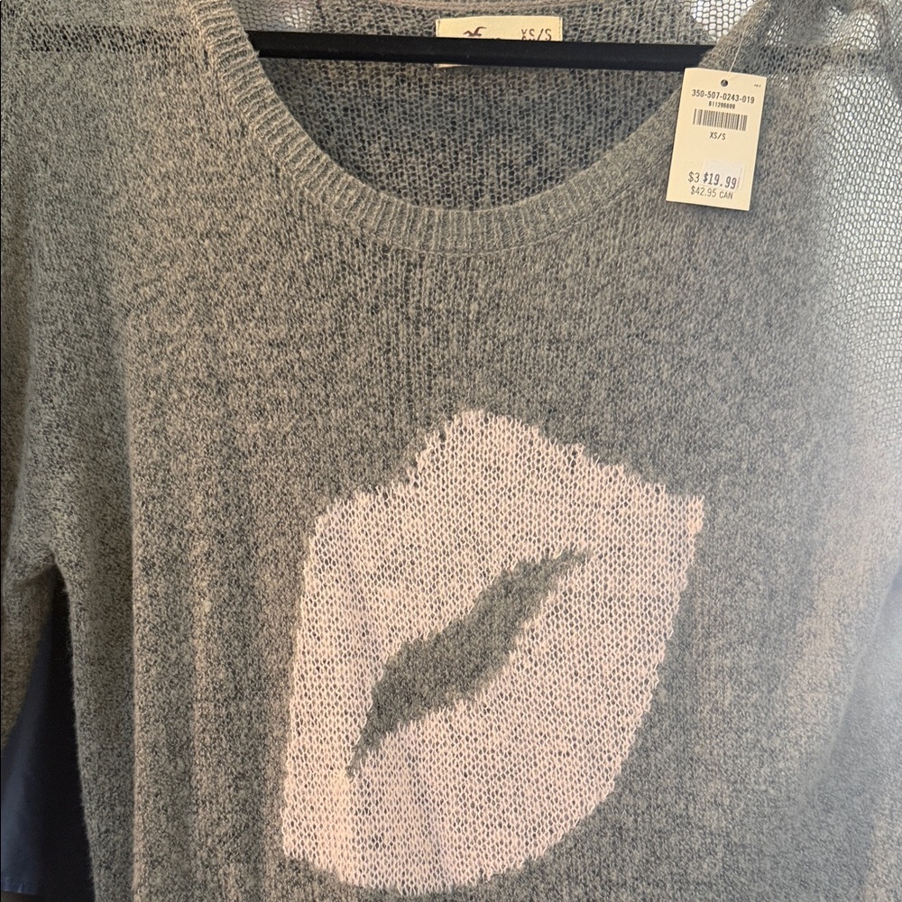 Hollister Gray Crewneck Sweater with Light Pink Lip Graphic